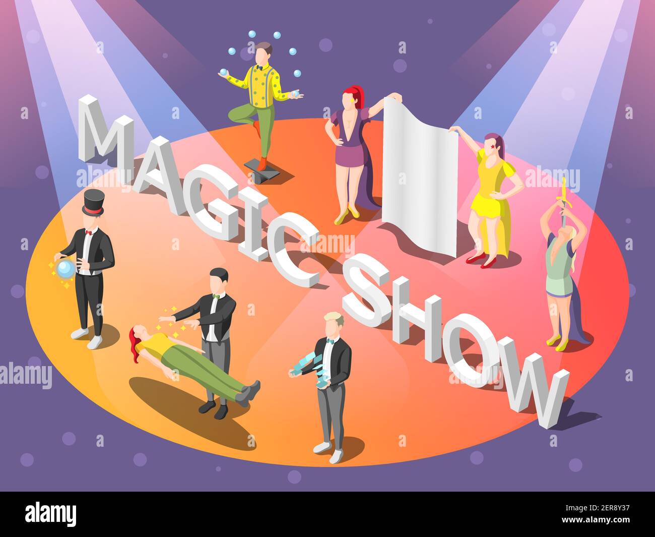 Illusionists isometric composition on orange circle with levitation