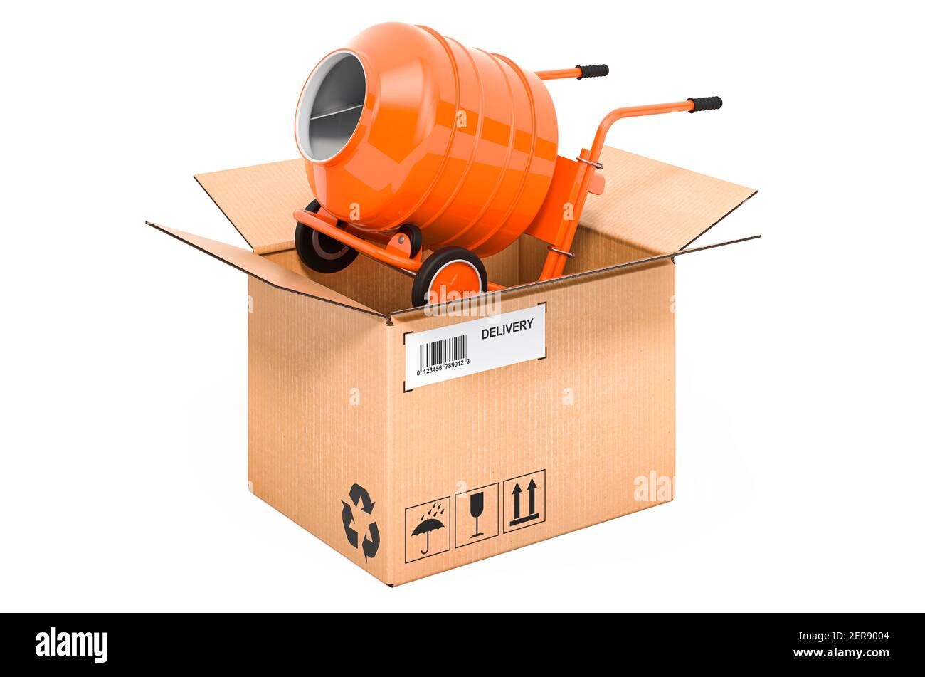 Concrete mixer inside cardboard box, delivery concept. 3D rendering