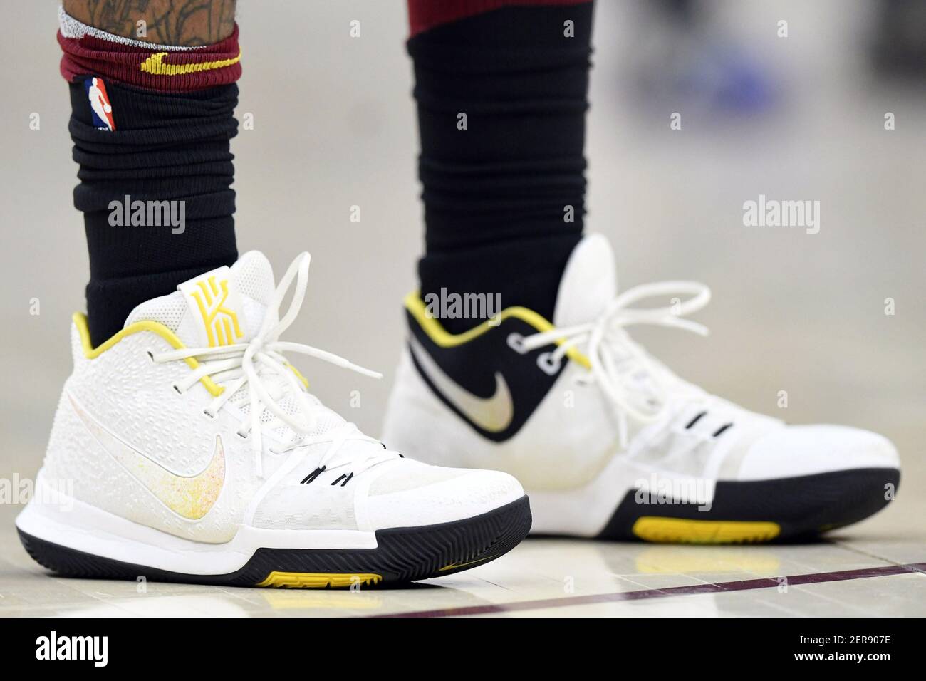 May 25, 2018; Cleveland, OH, USA; A general view of the shoes of Cleveland  Cavaliers guard JR Smith (5) in the fourth quarter in game six of the  Eastern conference finals of
