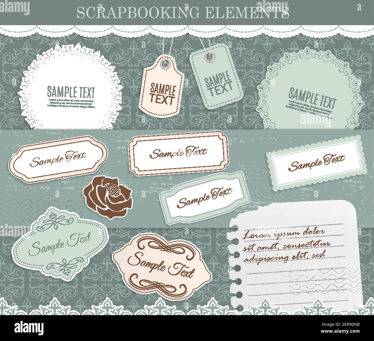 Scrapbooking elements, vector paper stickers on background with retro  flourishes. Design elements for scrapbook decoration, borders, tags and  labels f Stock Vector Image & Art - Alamy