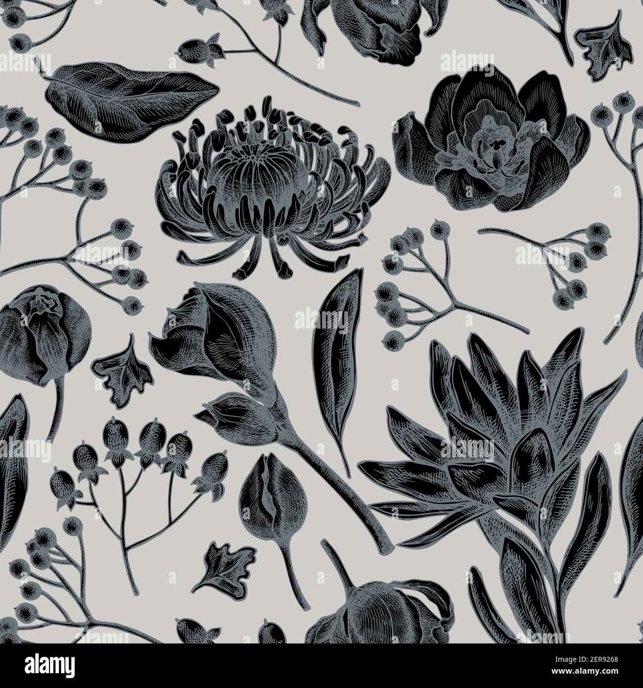 Seamless pattern with hand drawn stylized viburnum, hypericum, tulip ...