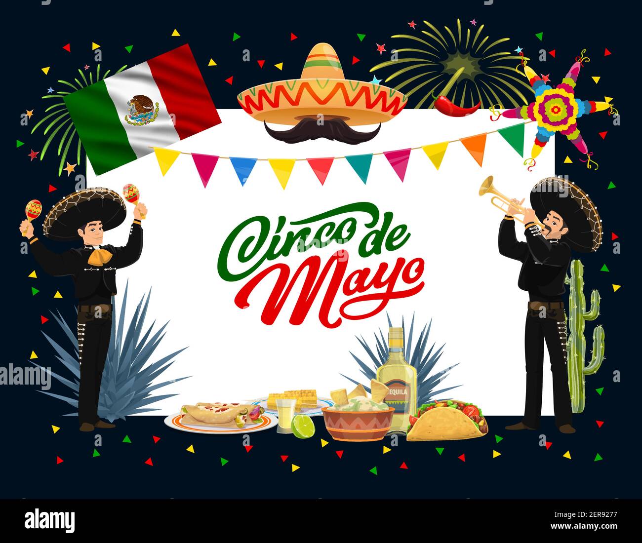 Mexican Cinco de Mayo holiday vector design with fiesta party food,  mariachi characters and sombrero hats. Mexican musicians with maracas,  trumpet, pi Stock Vector Image & Art - Alamy