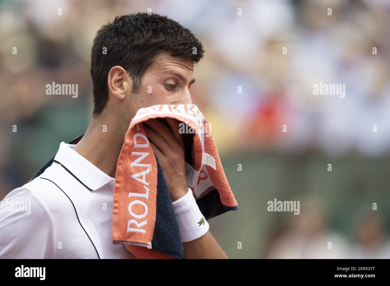 May 28, 2018, Paris, France: Novak Djokovic (SRB) during his match against Rogerio Dutra Silva (BRA) on day two of the 2018 French Open at Roland Garros. Mandatory Credit: Susan Mullane-USA TODAY Sports Stock Photo