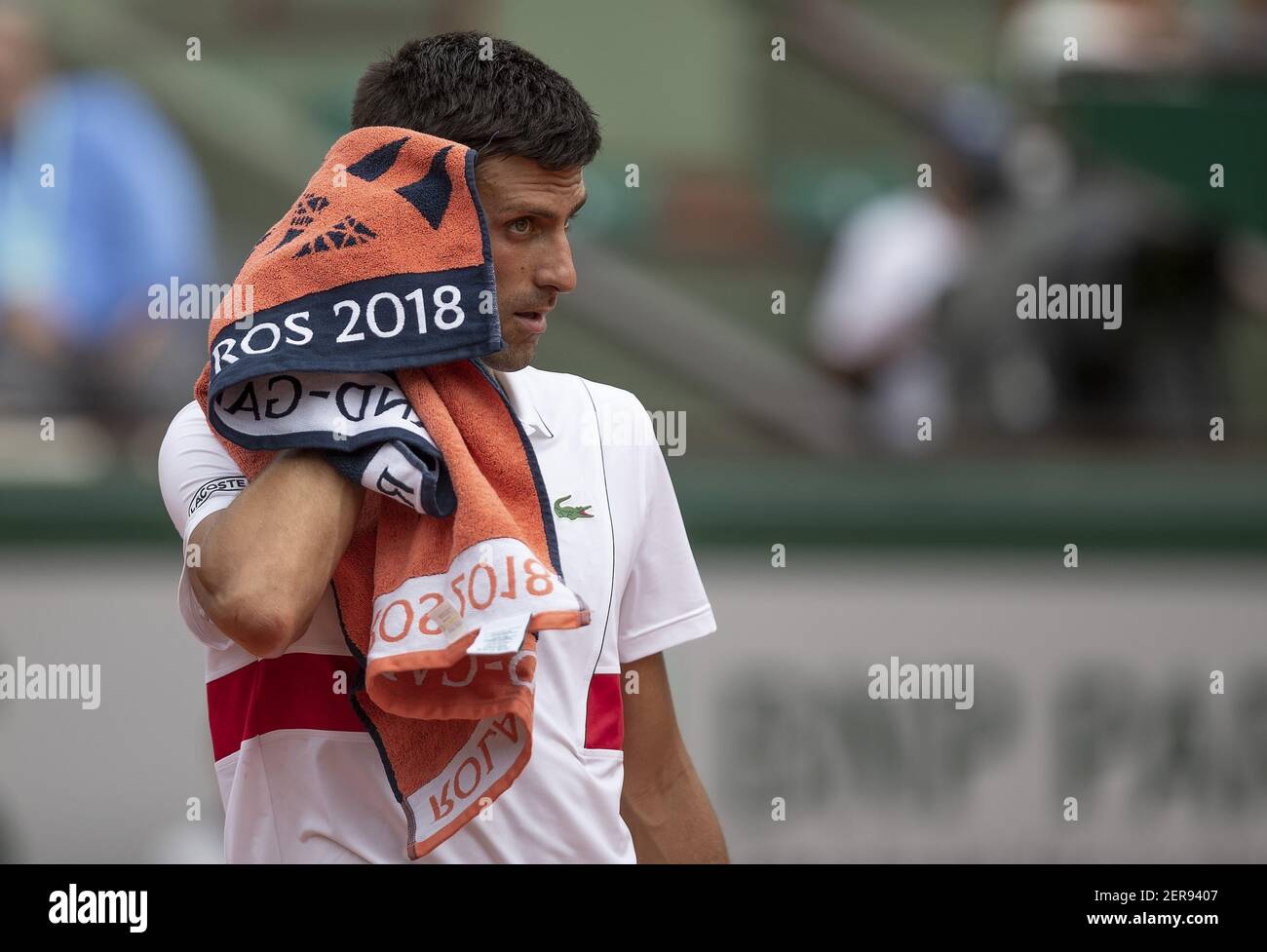 May 28, 2018, Paris, France: Novak Djokovic (SRB) during his match against Rogerio Dutra Silva (BRA) on day two of the 2018 French Open at Roland Garros. Mandatory Credit: Susan Mullane-USA TODAY Sports Stock Photo