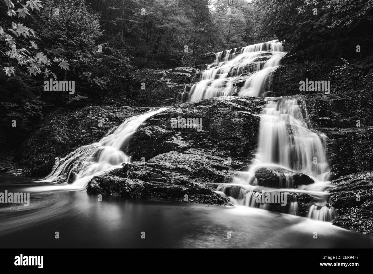 Autumn colors with waterfall and leaves Stock Photo