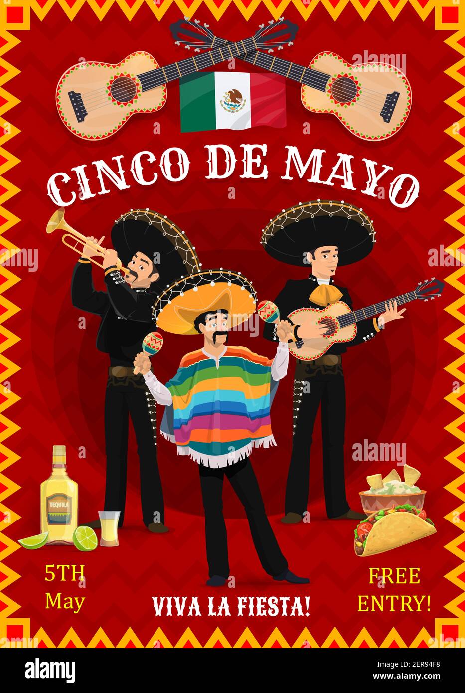 Cinco de mayo festival vector flyer with Mexican musicians Mariachi