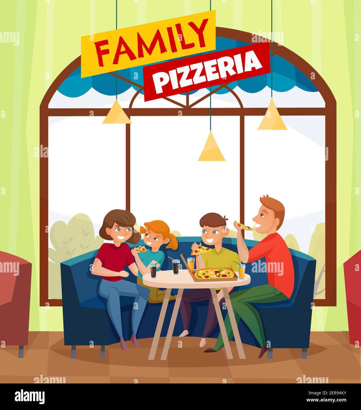 Flat restaurant pub visitors colored composition with big red family pizzeria headline vector illustration Stock Vector
