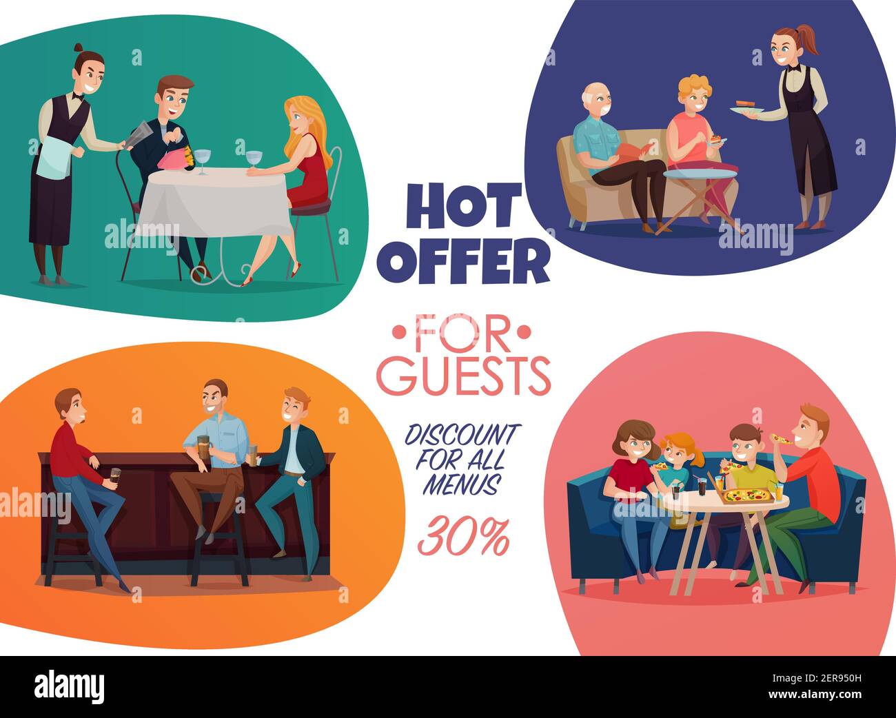 Colored flat restaurant pub visitors poster with hot offer for guests discounts for all menus descriptions vector illustration Stock Vector