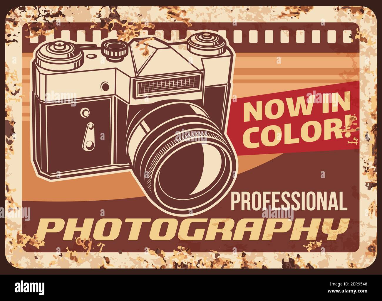 Rusty Camera. Sign Photography metal plate rusty, retro photo camera, vector vintage ...
