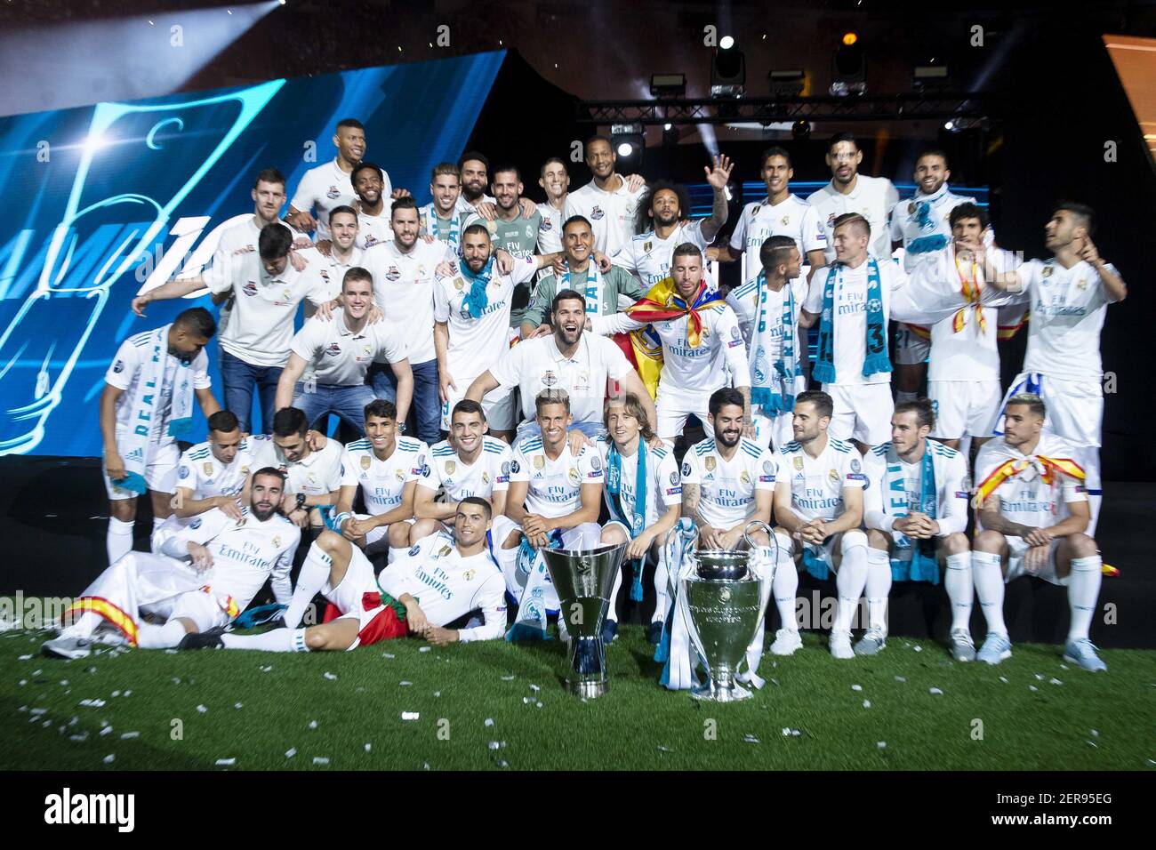 Real Madrid Soccer Team with Champions League Trophe and Real Madrid  Basketball Team with Euroleague Trophe pose to the mediaat Santiago  Bernabeu Stadium in Madrid, Spain. May 27, 2018. (Photo by  BorjaB.Hojas/Alter