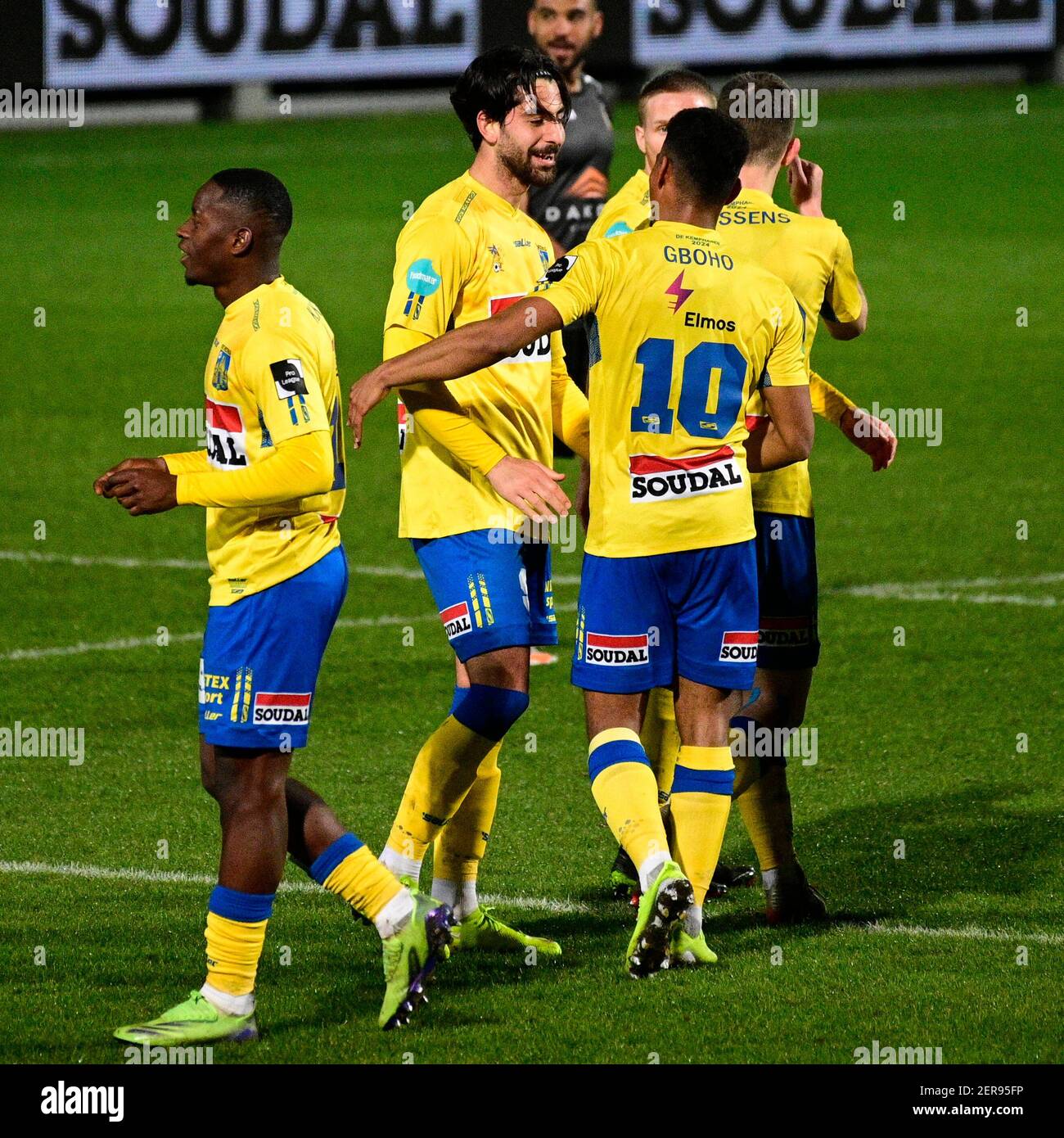 Westerlo's Atabey Cicek celebrates after scoring during a soccer match between KVC Westerlo and KMSK Deinze, Sunday 28 February 2021 in Westerlo, on d Stock Photo