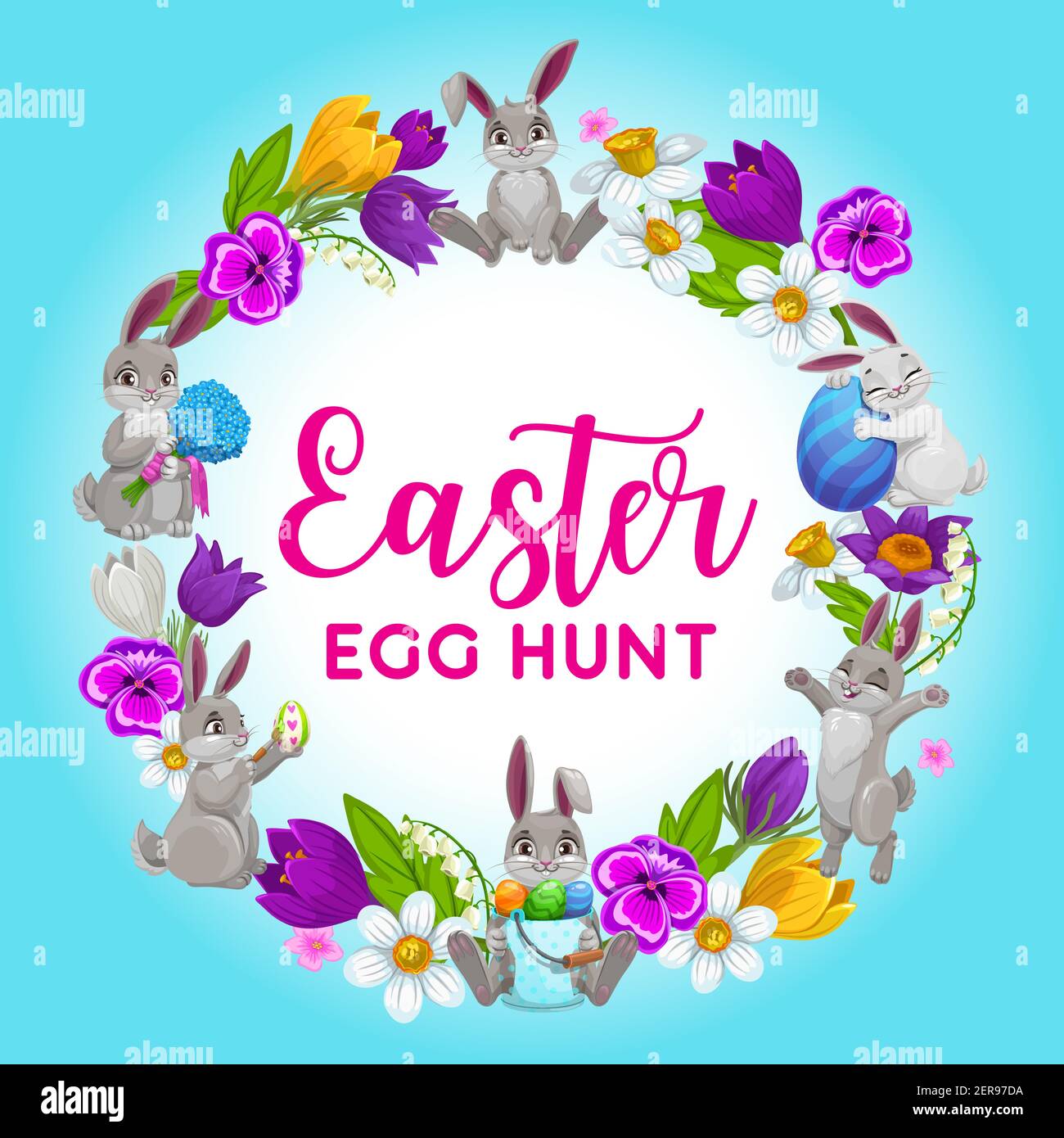 Easter holiday vector frame, flower wreath with bunnies and decorated ...