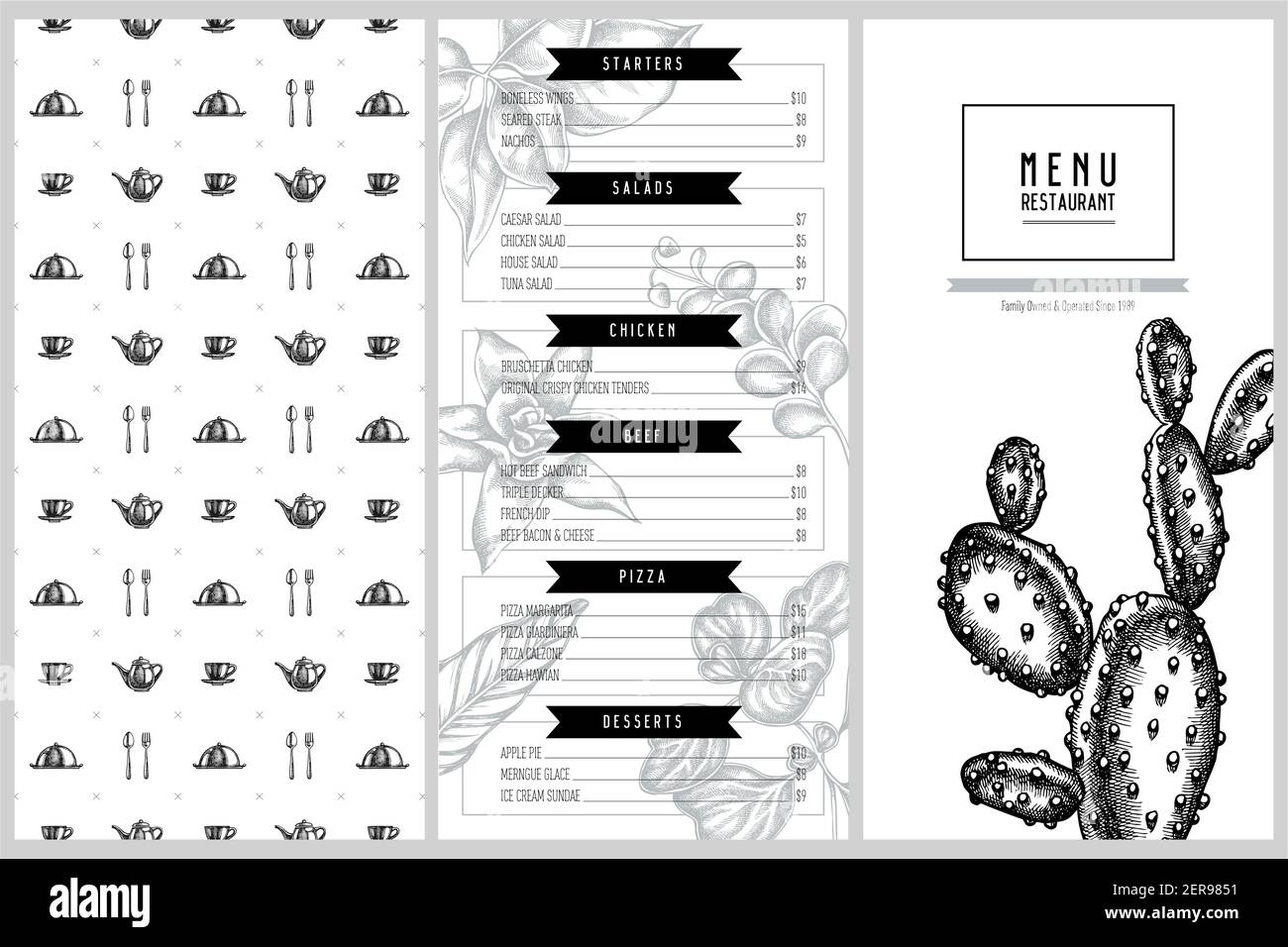 Vintage menu design with ficus, iresine, kalanchoe, calathea, guzmania, cactus Stock Vector