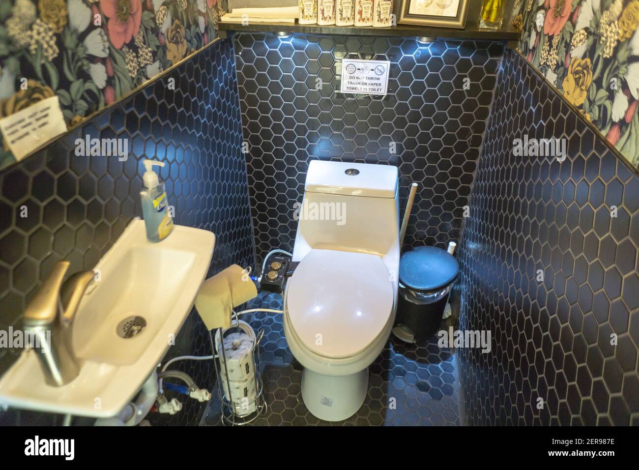 Toilet with working Tushy bidet at the luxury bathroom brands Tushy and  Poo-Pourri "poop-up" on the Bowery in New York on Wednesday, May 30, 2018.  Tushy is selling its user-friendly bidets which