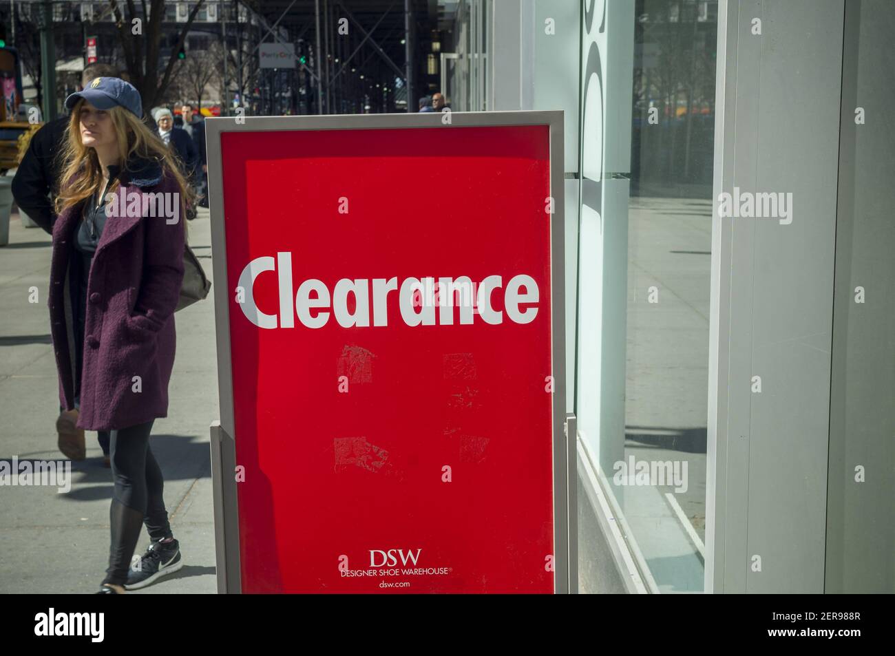 A sign outside of a DSW shoe store in Herald Square in New York on