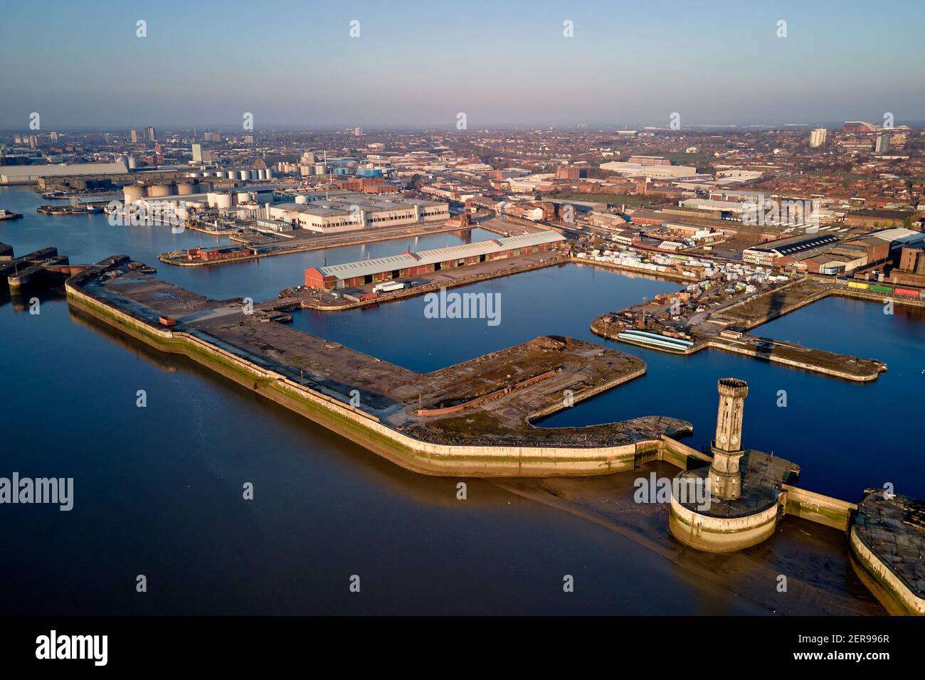 Aerial views of Bramley Moore Dock, Liverpool. Everton FC's plans for a new 52,000-seater stadium have been approved by Liverpool city councillors. Stock Photo