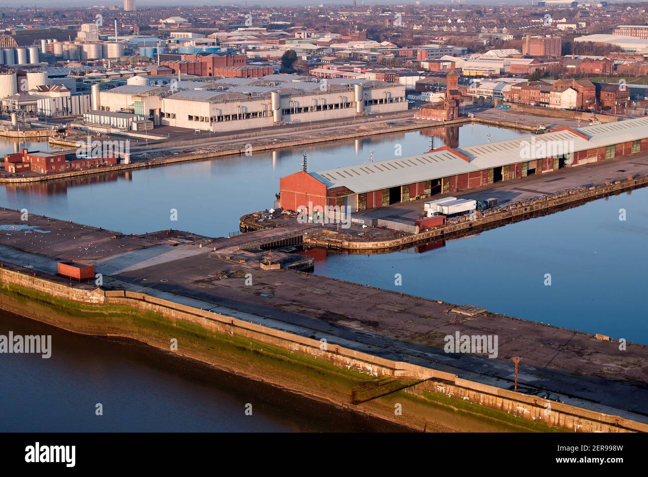 Aerial views of Bramley Moore Dock, Liverpool. Everton FC's plans for a new 52,000-seater stadium have been approved by Liverpool city councillors. Stock Photo