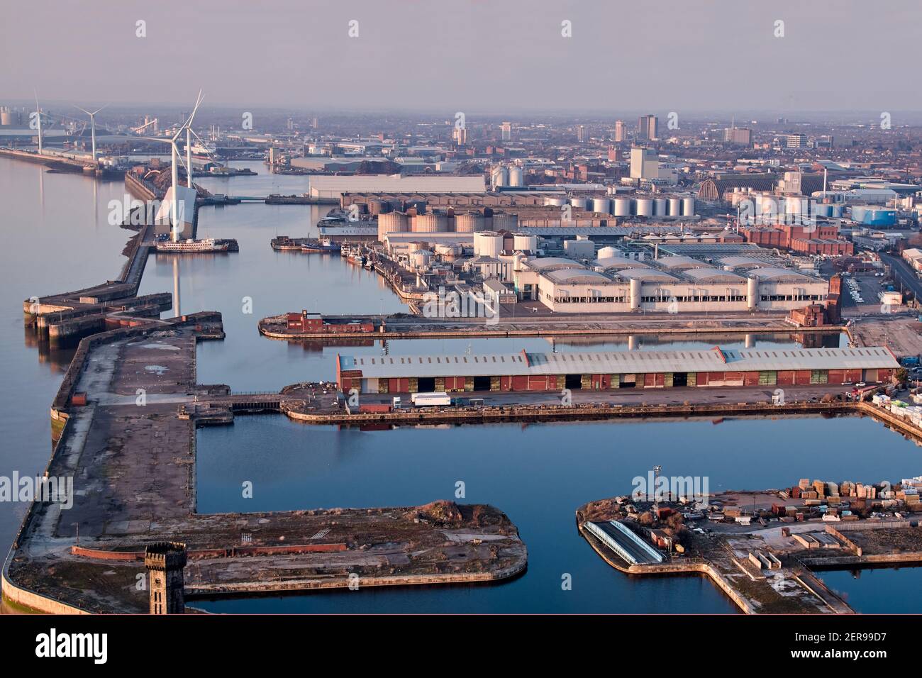 Aerial views of Bramley Moore Dock, Liverpool. Everton FC's plans for a