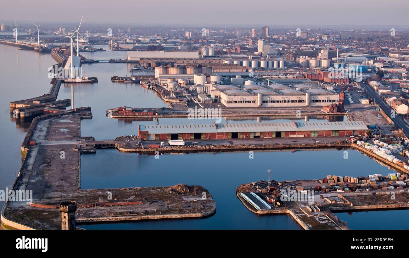 Aerial views of Bramley Moore Dock, Liverpool. Everton FC's plans for a