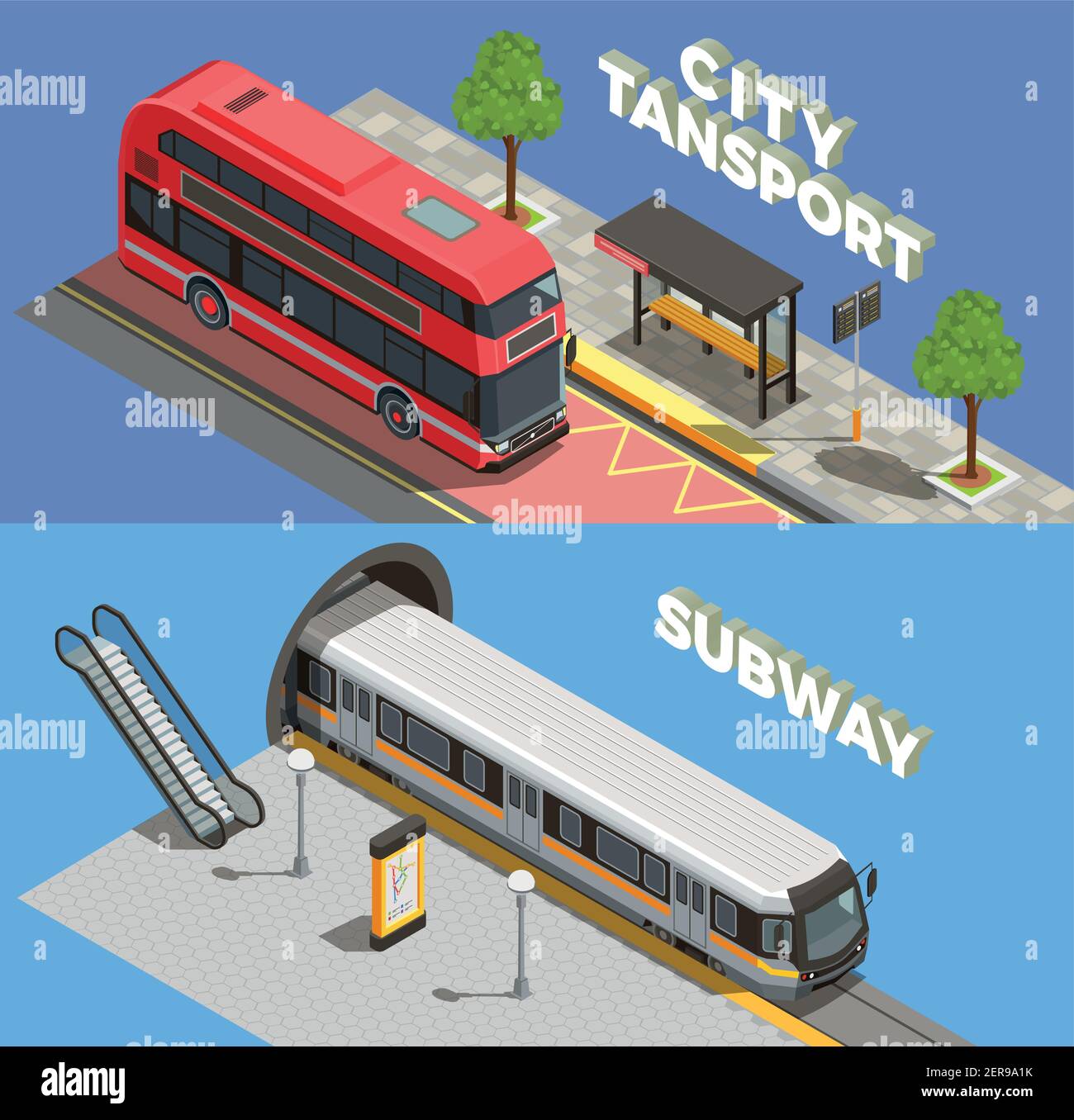 Public city transport isometric banners collection with horizontal ...