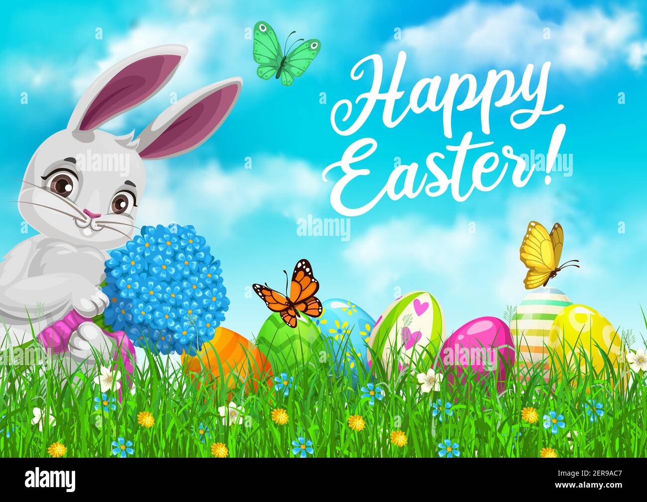 Easter bunny with flowers and eggs in green grass, vector greeting ...
