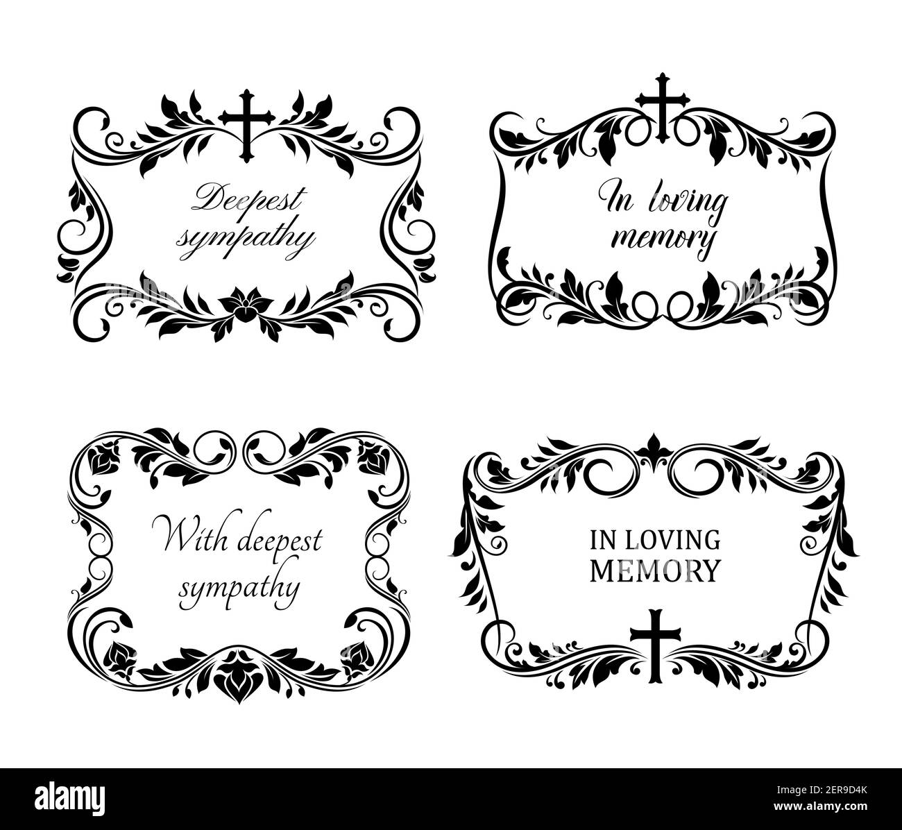 Funeral cards, vector vintage condolence floral wreaths, ornament with  flourishes, cross and obituary typography. Retro frames, obsequial memorial,  fu Stock Vector Image & Art - Alamy