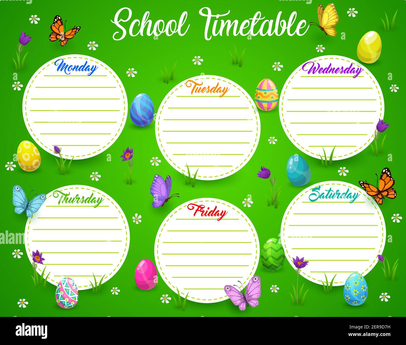 School timetable or schedule with vector Easter egg hunt field frame