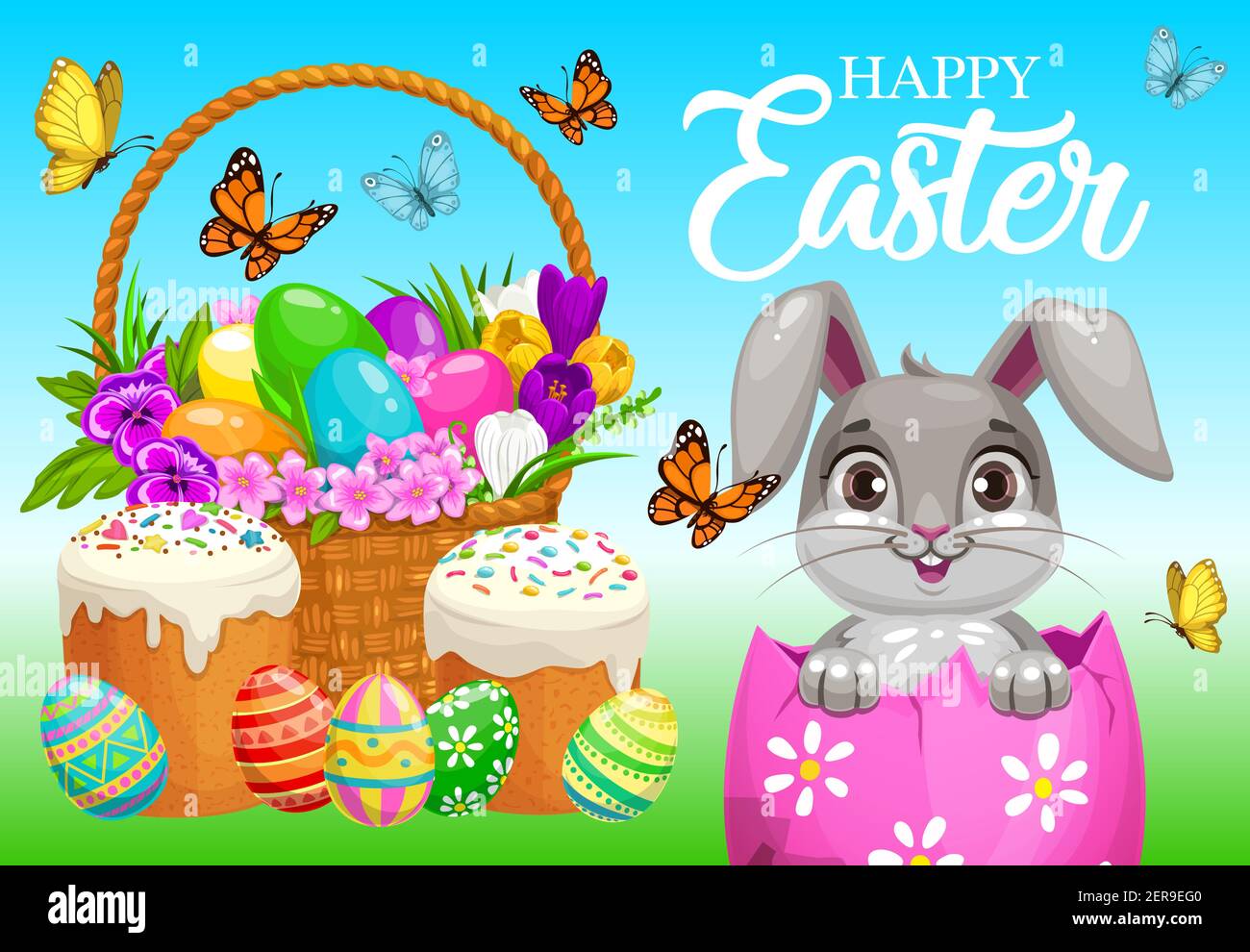 Happy Easter vector poster, cute bunny sitting inside of decorated ...