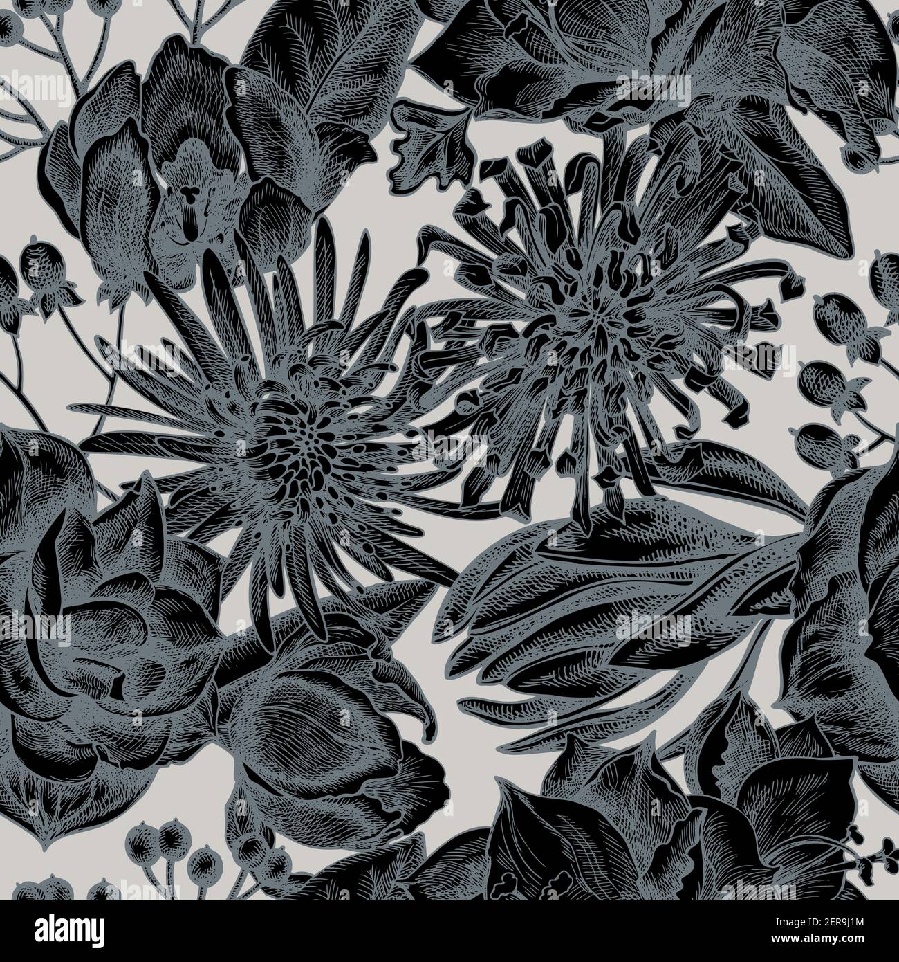 Seamless pattern with hand drawn stylized viburnum, hypericum, tulip ...