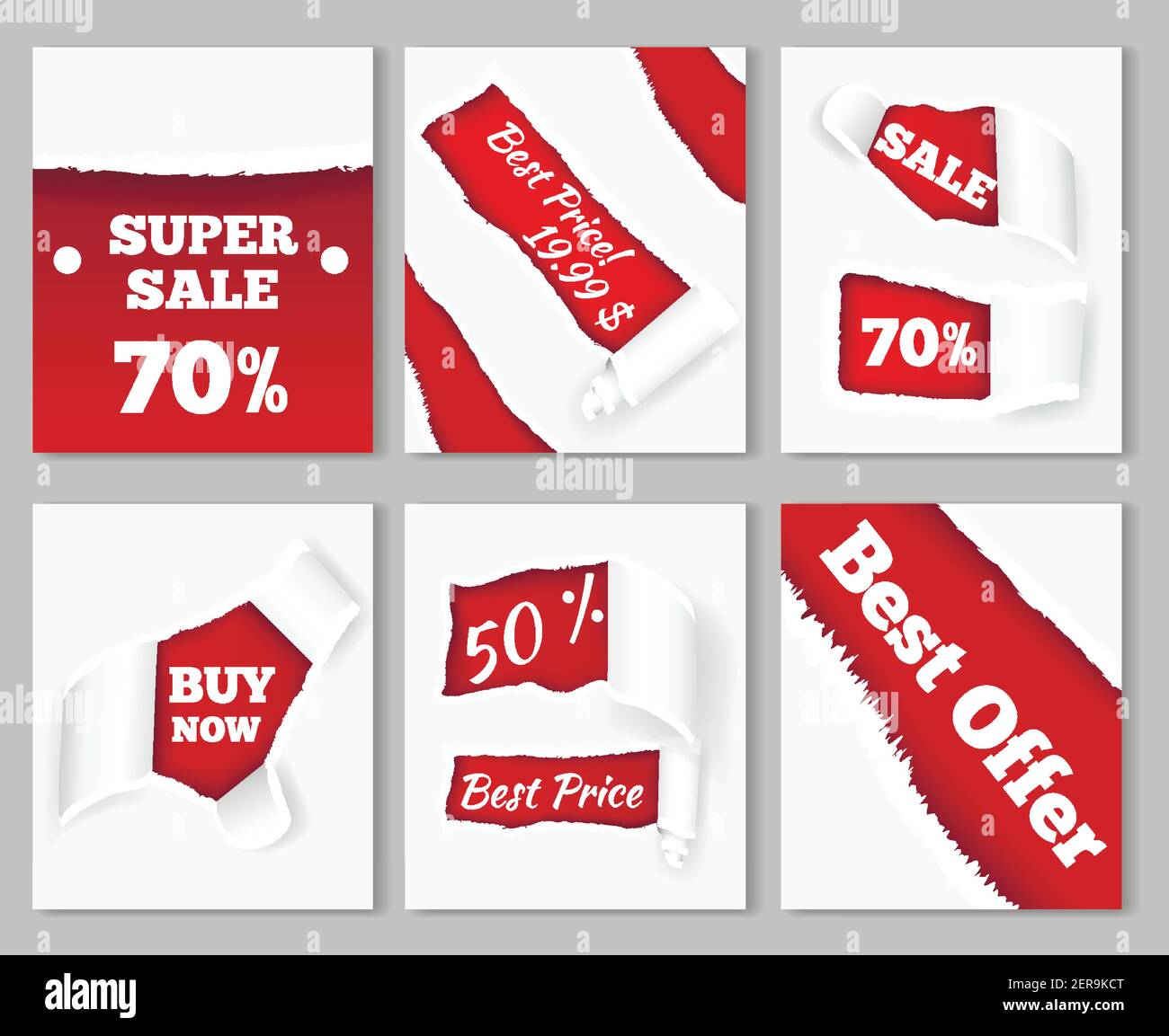 Torn paper curls revealing super sales discount prices on red background realistic cards set