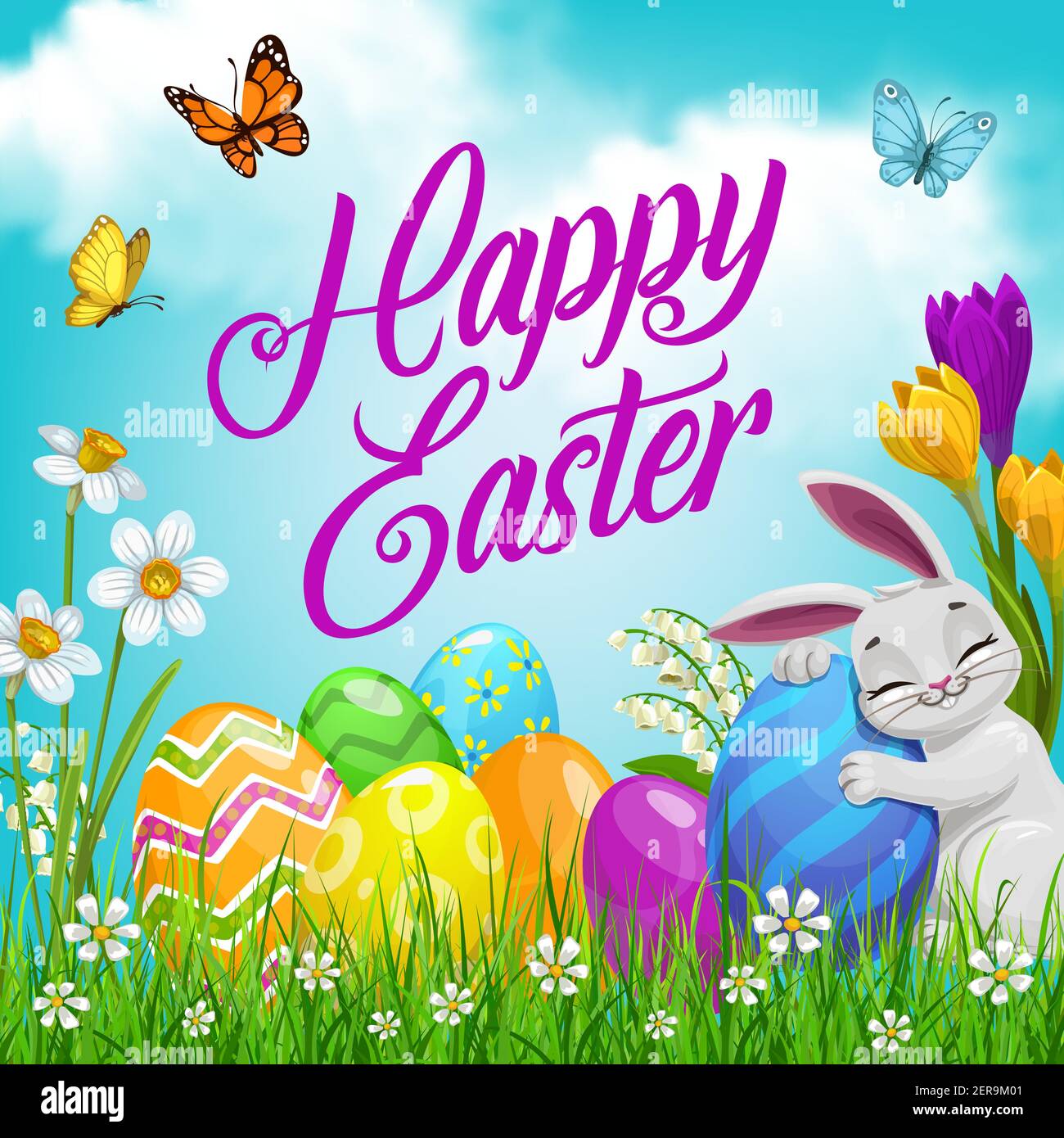 Easter bunny with eggs, vector religion holiday egg hunt. Easter ...