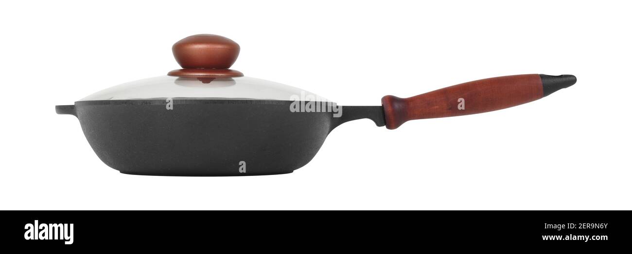 Kitchen accessories Side view cast iron frying pan with cover