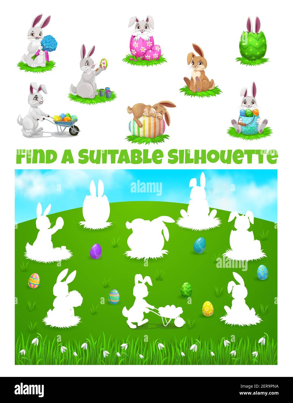 Kids game of find correct shadows of Easter egg hunt vector template. Children education worksheet, logic puzzle or riddle with cute cartoon Easter bu Stock Vector Image & Art - Alamy