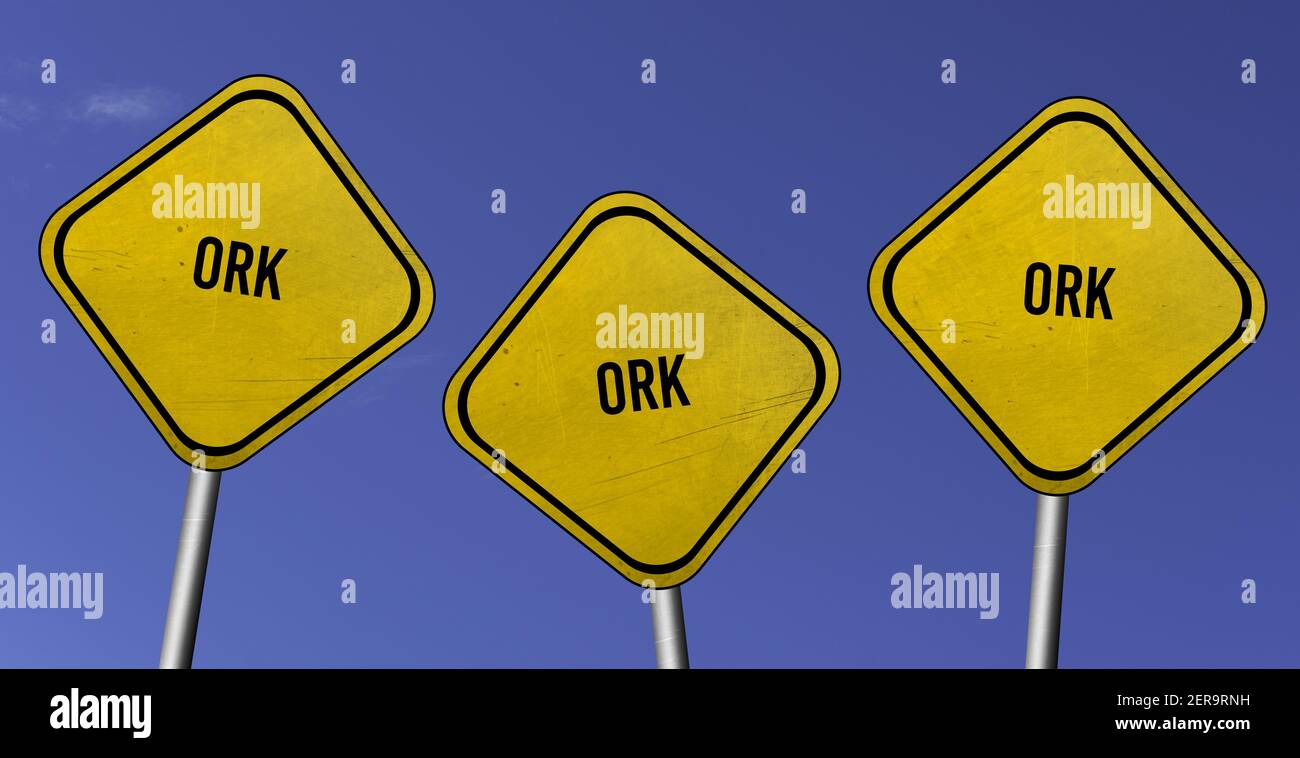 Ork - three yellow signs with blue sky background Stock Photo