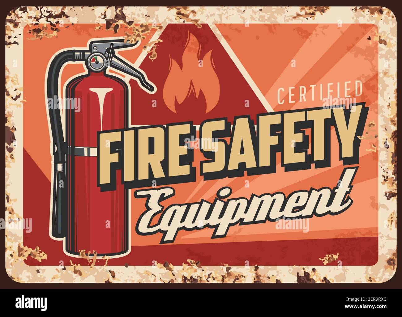 Fire safety equipment rusty metal plate. Dry chemical, foam or clean agent fire extinguisher with pressure gauge and rubber hose, warning triangle sig Stock Vector