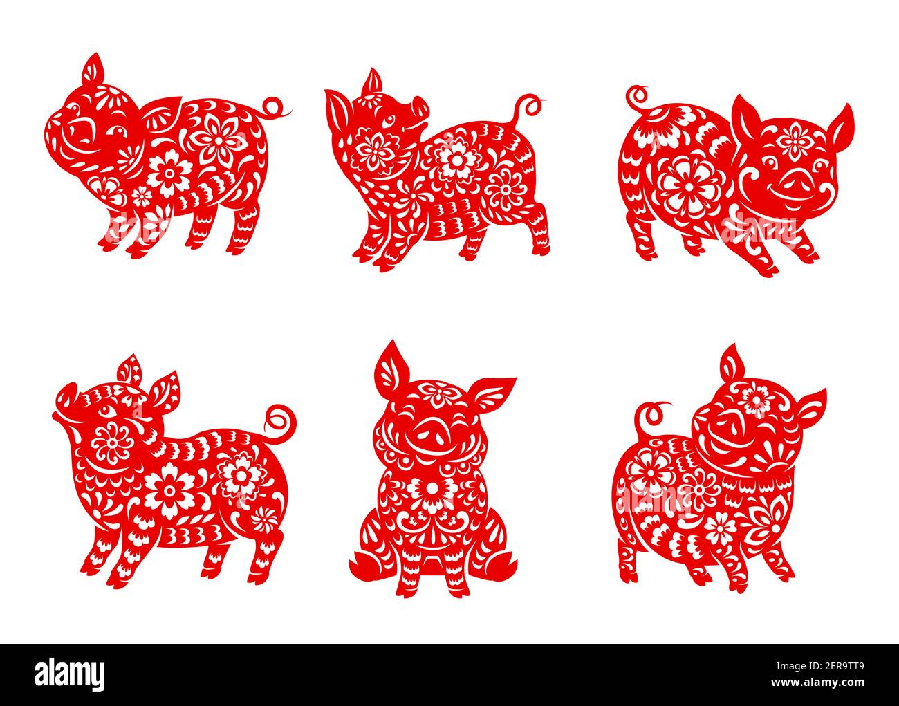 Chinese zodiac pig animal vector icons set. Boar Lunar new year of