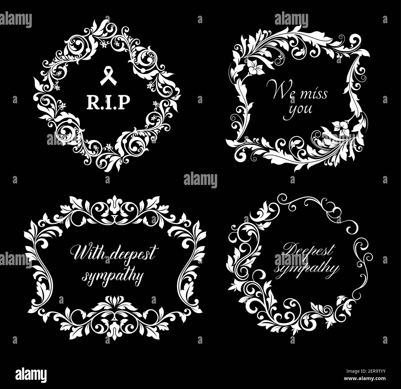 Funeral vector frames, isolated wreaths of floral design with blossoms and leaves. Mourning white flowers, flourishes, ribbon condolence typography. O Stock Vector