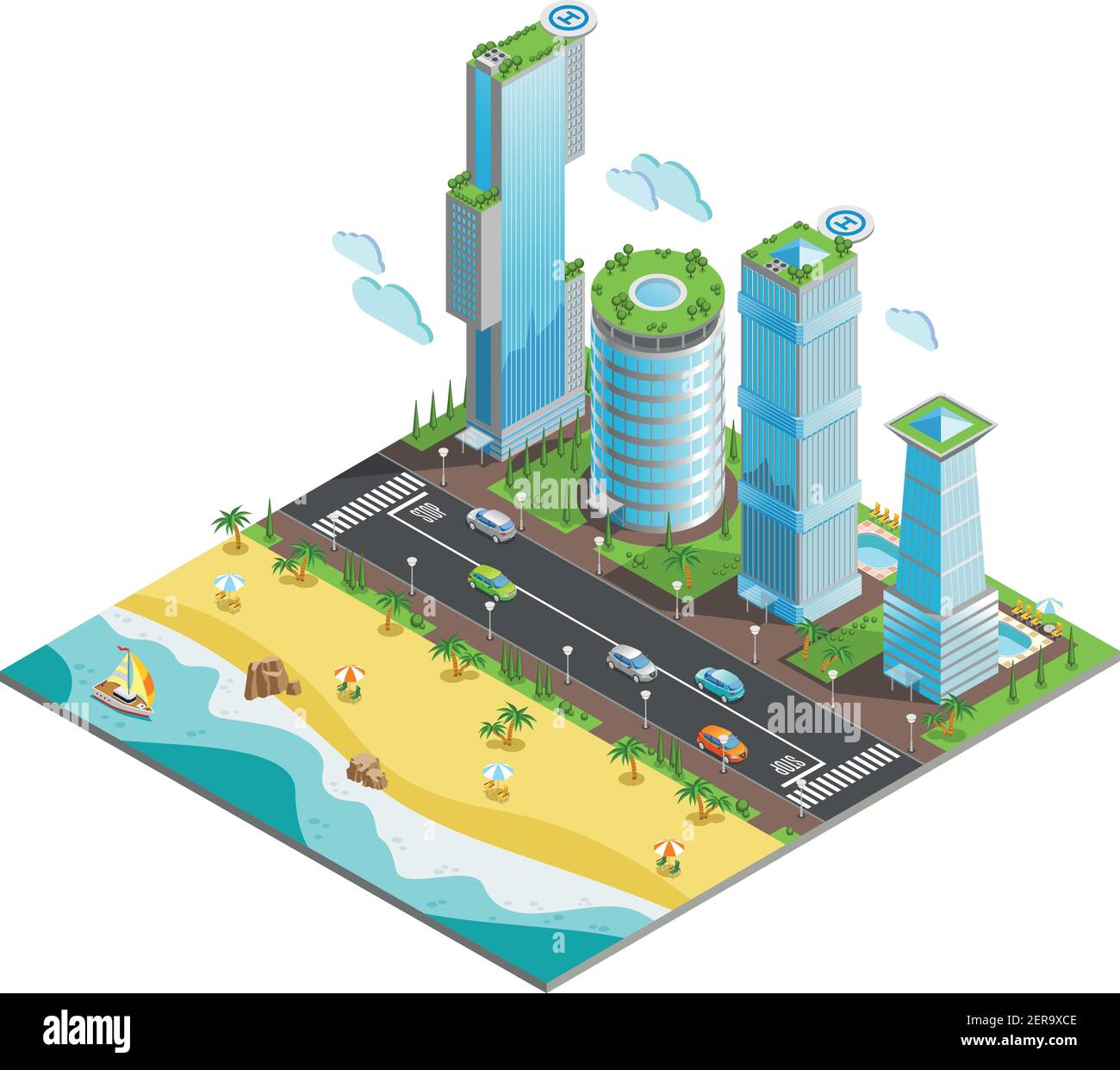 Isometric colored futuristic skyscrapers composition with piece of ocean and sandy beach vector illustration Stock Vector