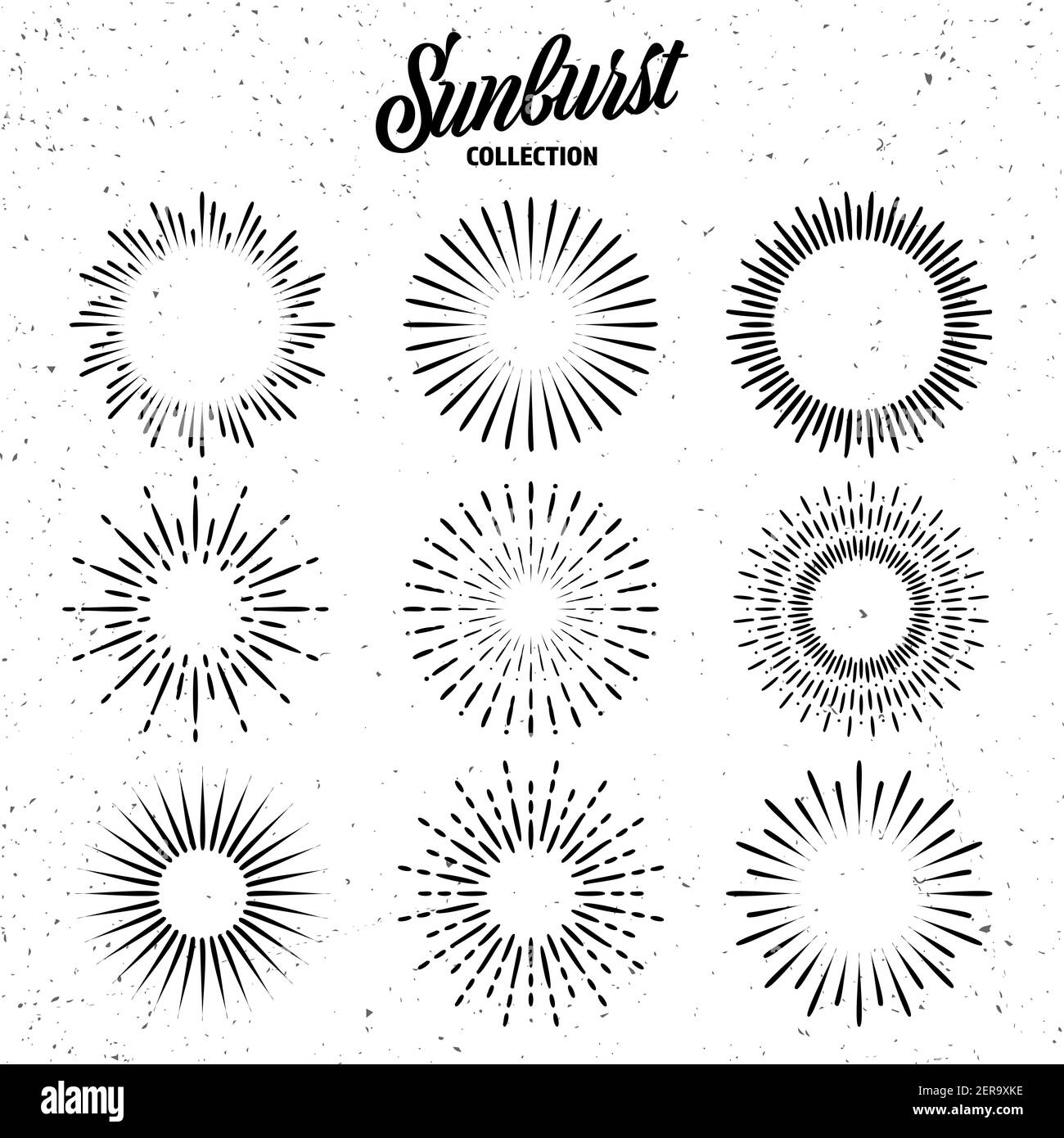 Vintage grunge sunburst collection. Bursting sun rays. Fireworks. Logotype or lettering design element. Radial sunset beams. Vector illustration. Stock Vector