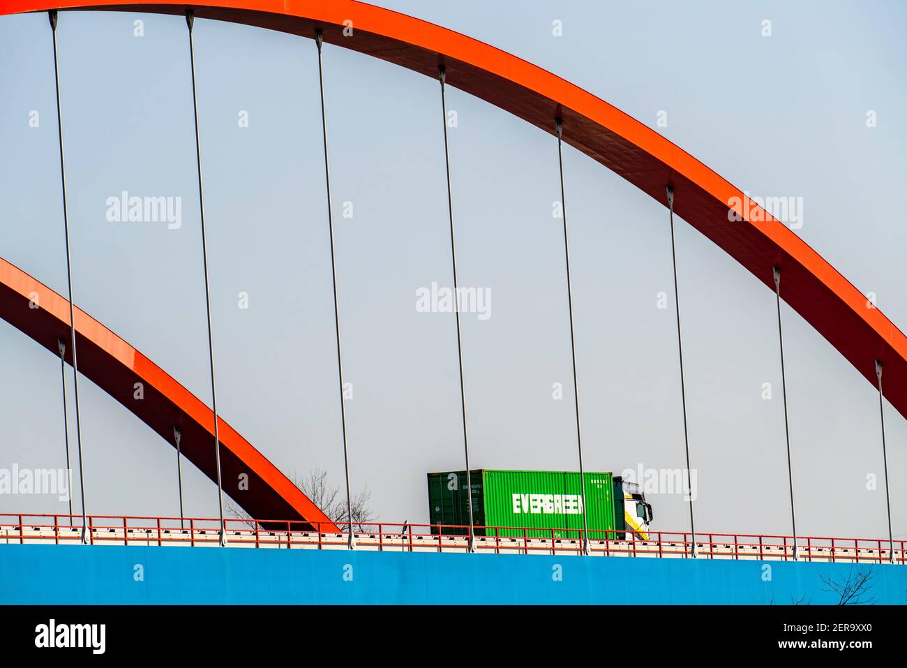 Motorway bridge of the A42 motorway, Emscherschnellweg, over the Rhine-Herne Canal heavy traffic, Essen NRW, Germany, Stock Photo