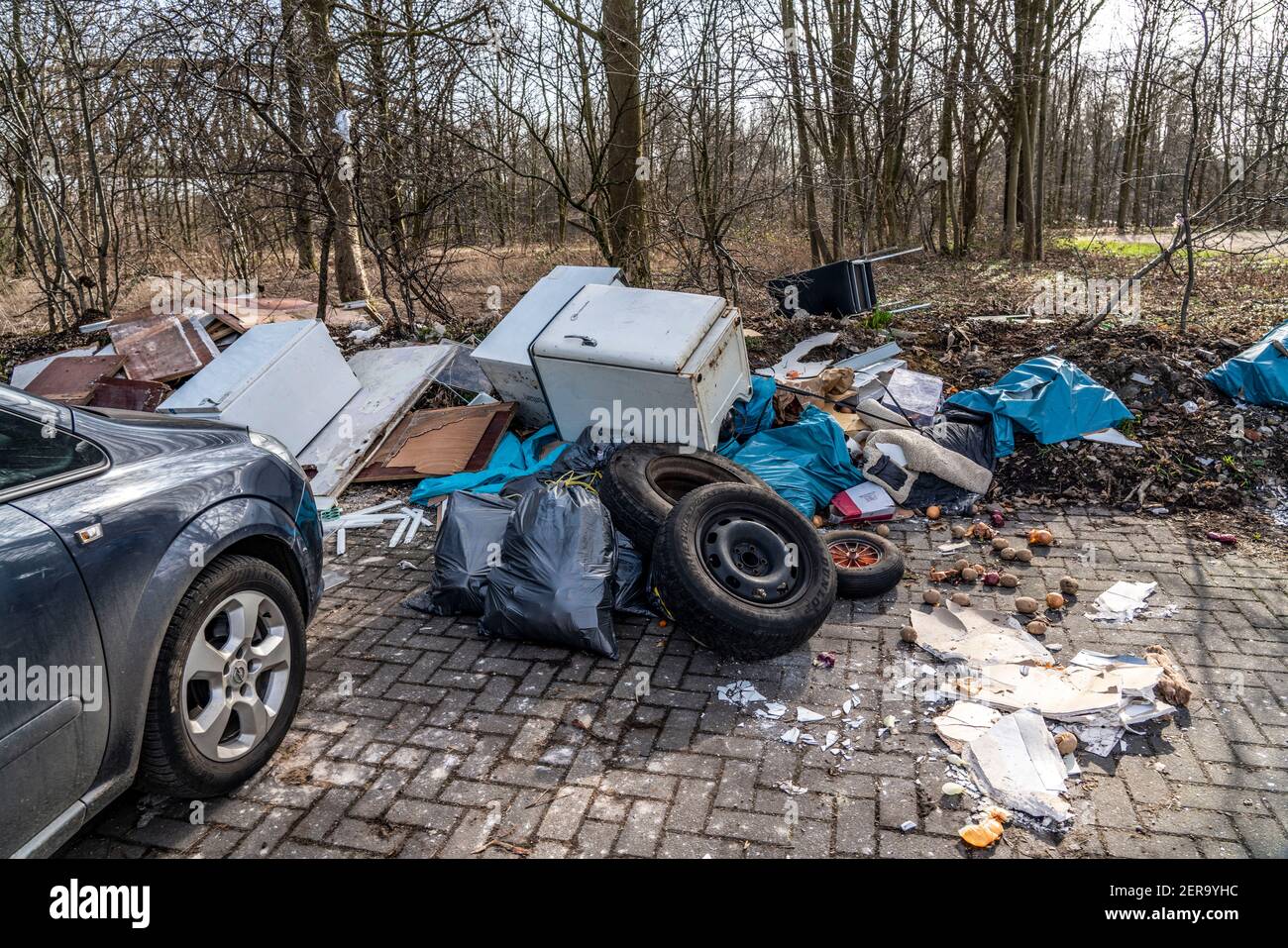 Illegal waste disposal in a car park, at a wooded area, tyres, furniture, refrigerators, household waste, oil cans, Oberhausen NRW, Germany, Stock Photo