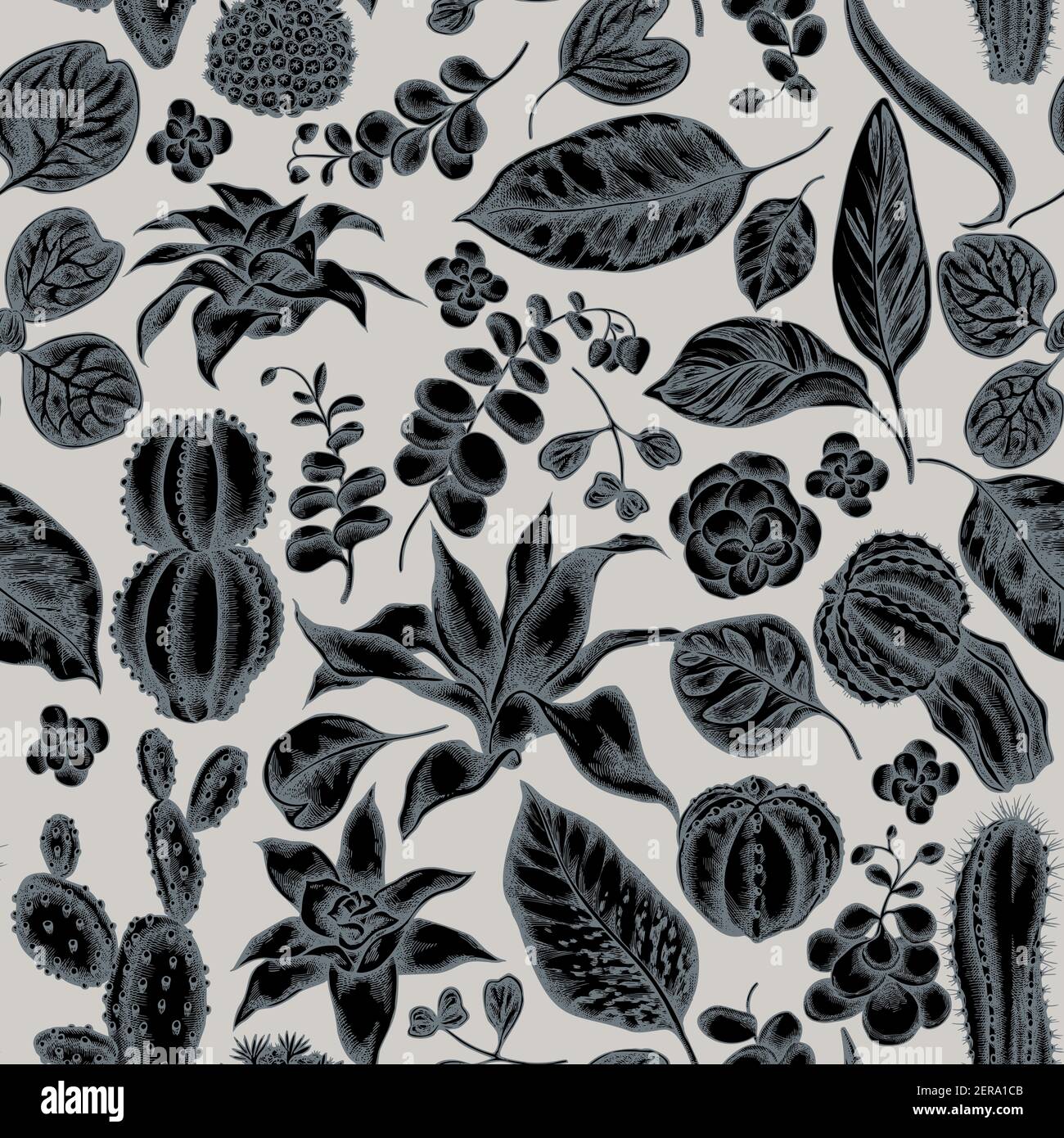 Seamless pattern with hand drawn stylized ficus, iresine, kalanchoe, calathea, guzmania, cactus Stock Vector