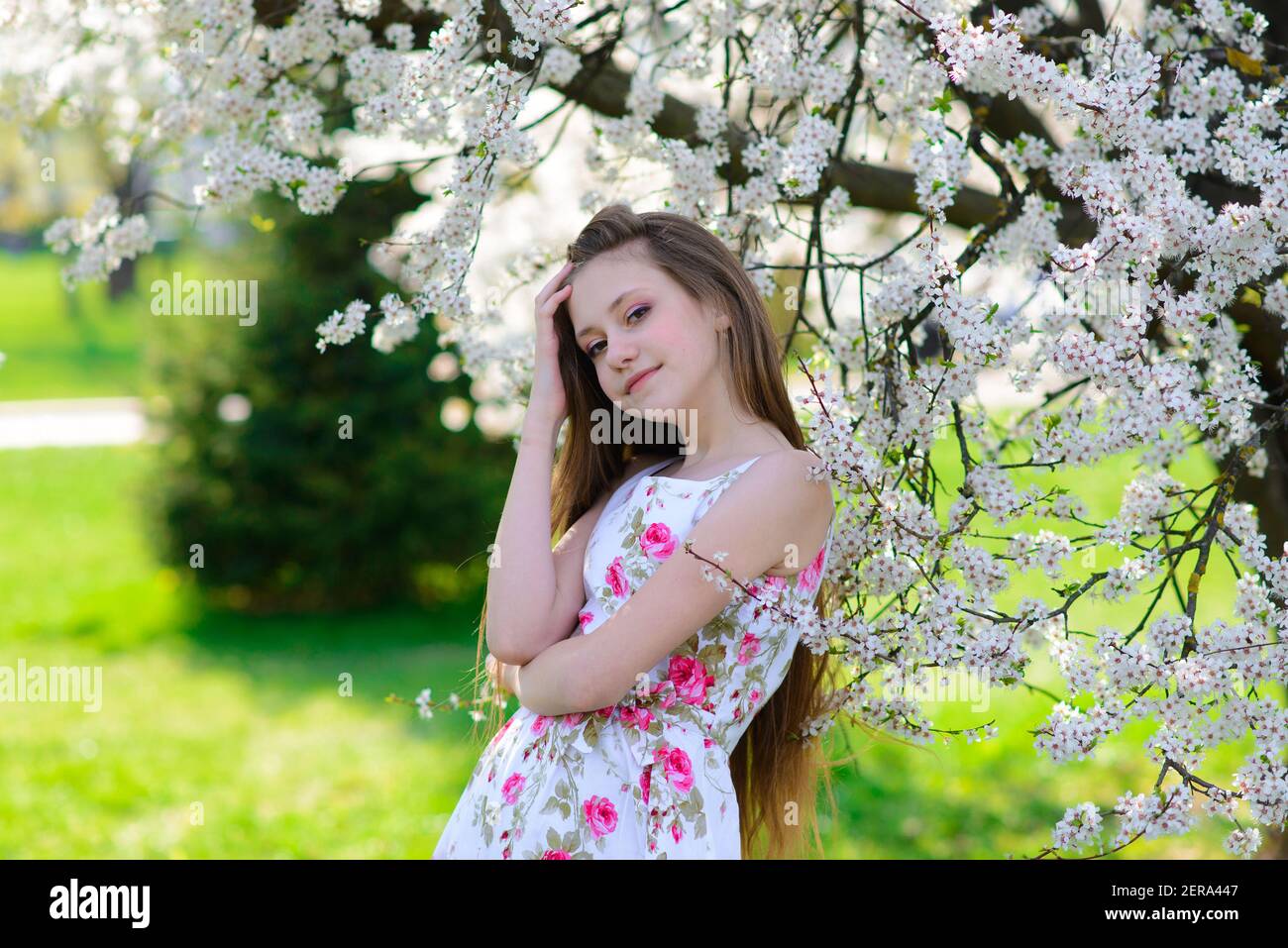 Pretty girl in blooming apple tree garden on beautiful spring day Stock ...