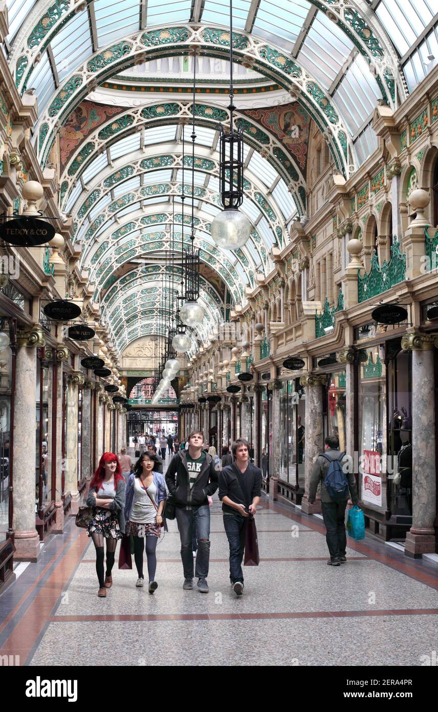 The County Arcade in the centre of Leeds. A covered traffic-free shopping street built in 1900 and now part of the Victoria Quarter of Leeds. Stock Photo