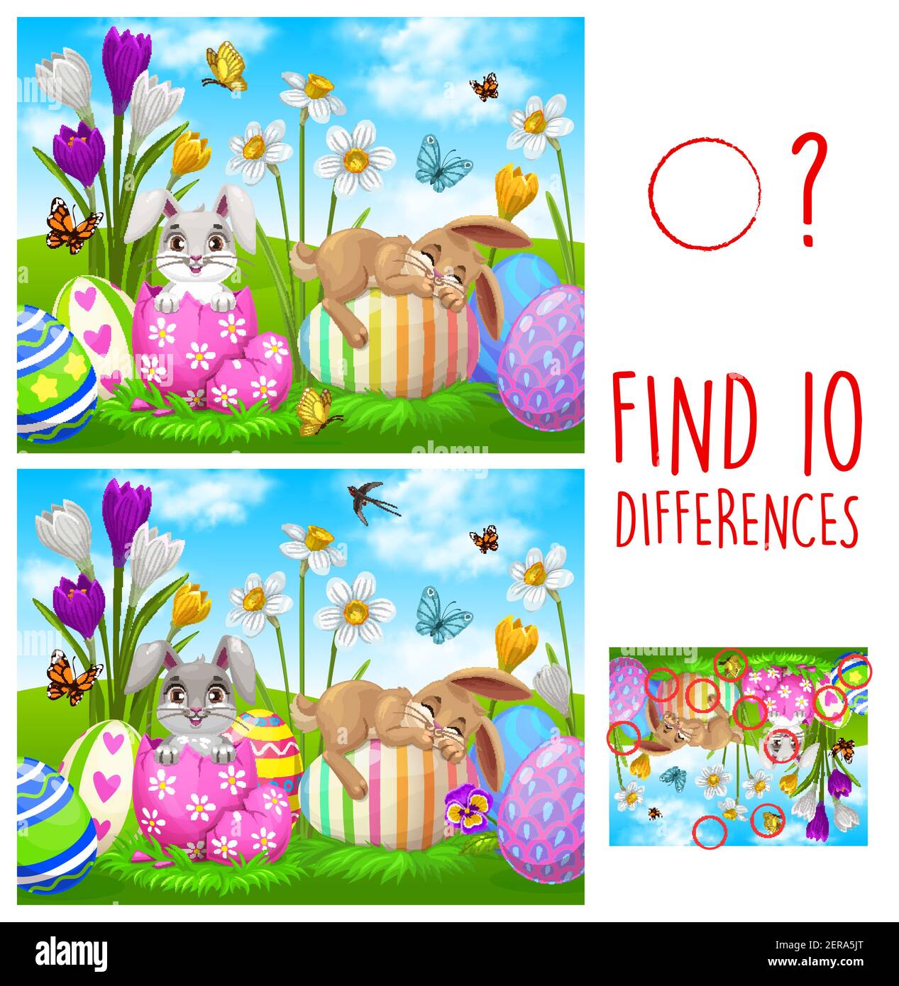 Kids game find ten differences with Easter rabbits and eggs. Vector ...