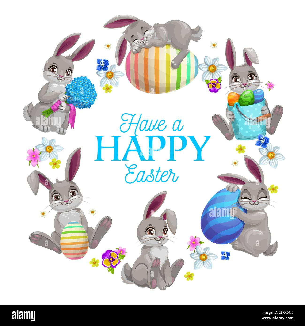 Easter Eggs And Bunnies Vector Frame Of Easter Egg Hunt Cartoon Bunny Rabbit Or Hare Animals With Spring Flowers Of Daffodils Pansies And Floral Bo Stock Vector Image Art Alamy
