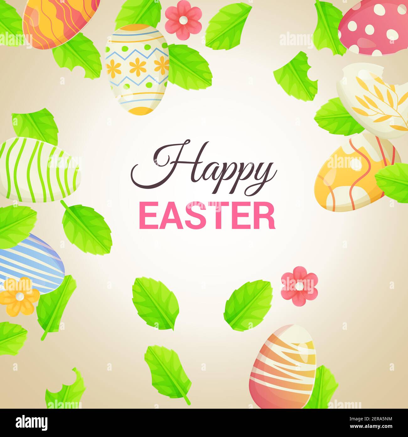Happy Easter frame with eggs and flower, leaves. Can be used as poster, holiday card, decorative frame. Stock vector illustration in cartoon realistic Stock Vector