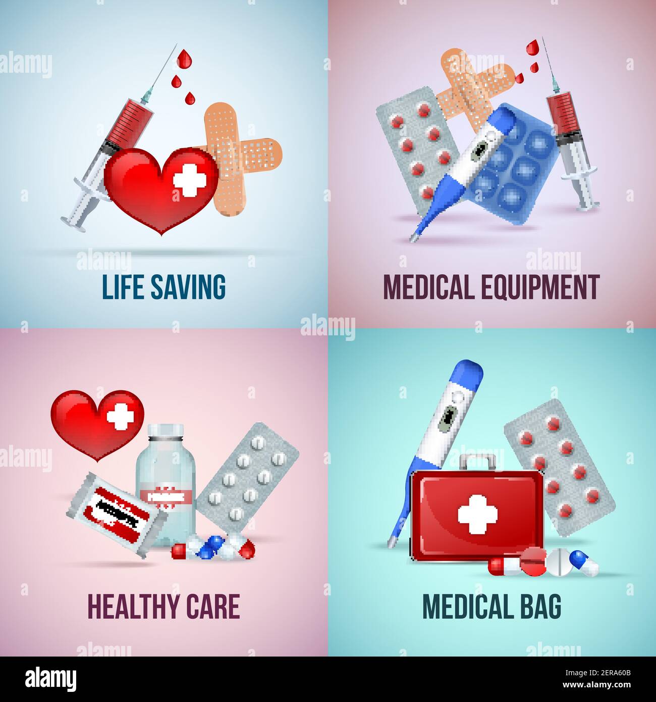 First aid medical emergency kit 4 icons concept square with heart