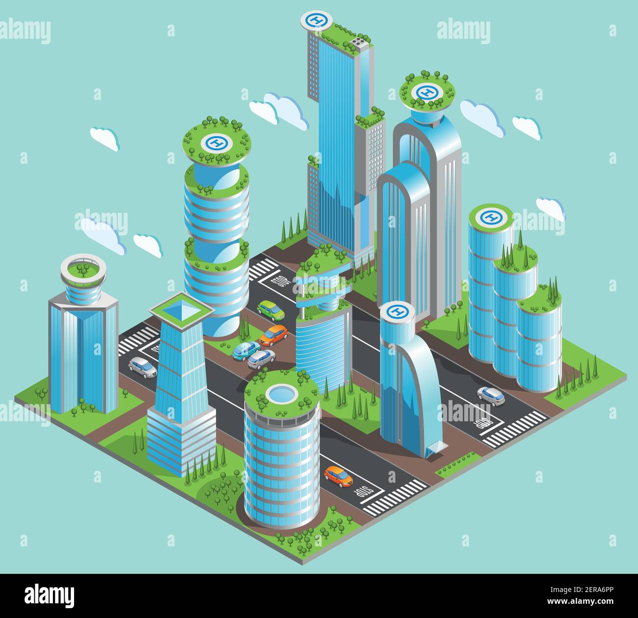 Isolated and isometric futuristic skyscrapers composition with a lot of office buildings in downtown area with mirrored windows and helipads vector il Stock Vector