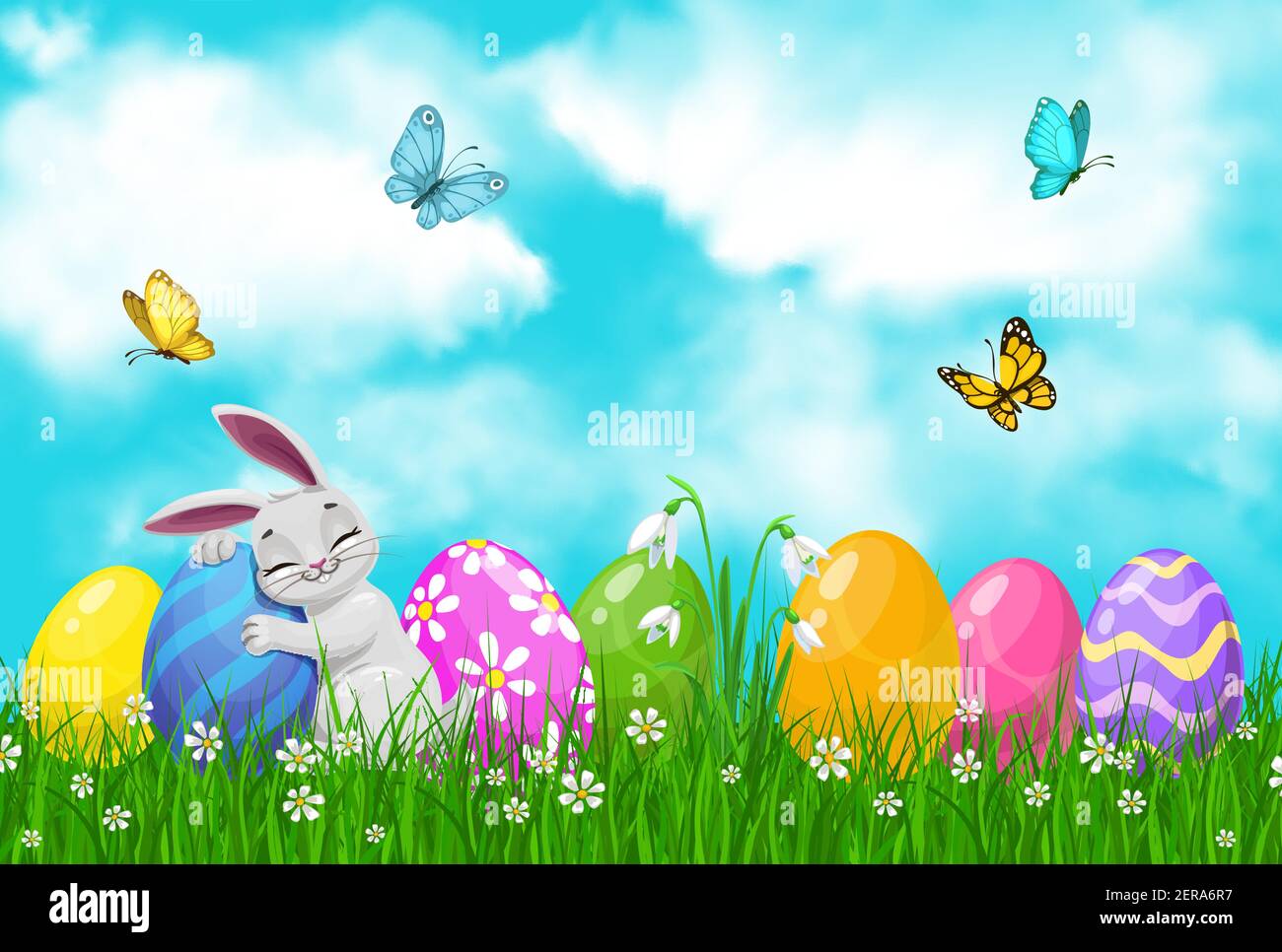 Easter egg hunt vector bunny or rabbit with eggs on spring grass field
